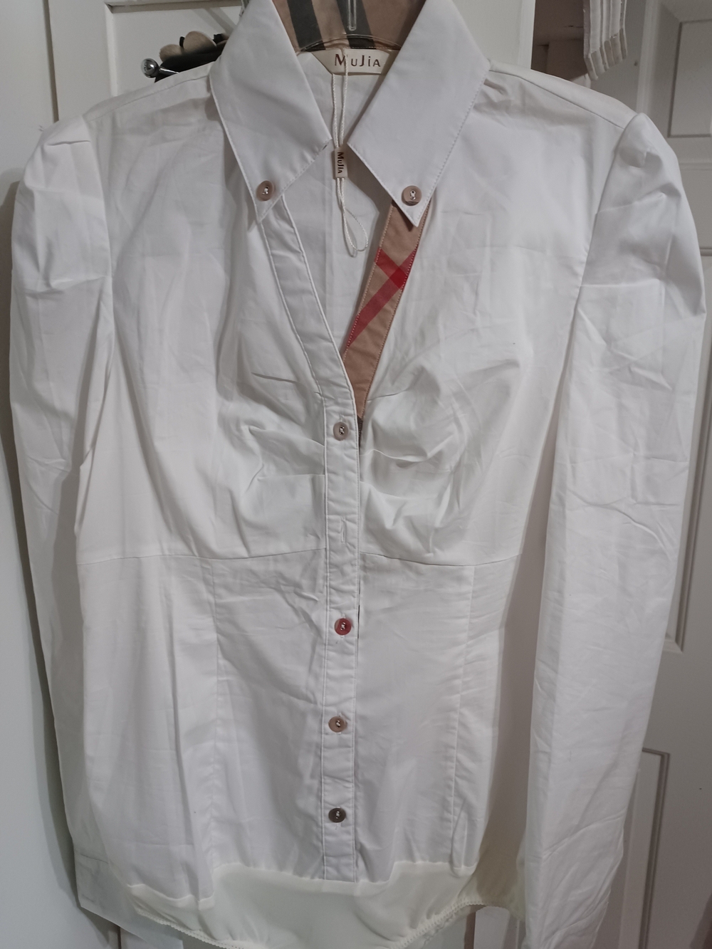 White Button-Up Blouse with Plaid Trim